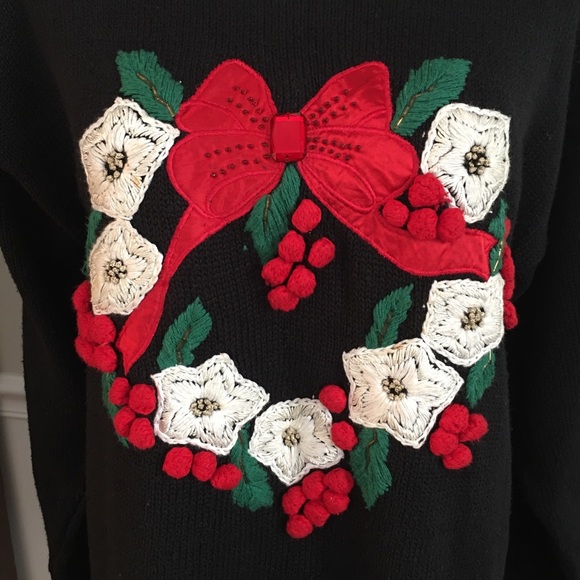 Wreath Christmas sweater, black tunic length embroidered size M - Picture 1 of 3